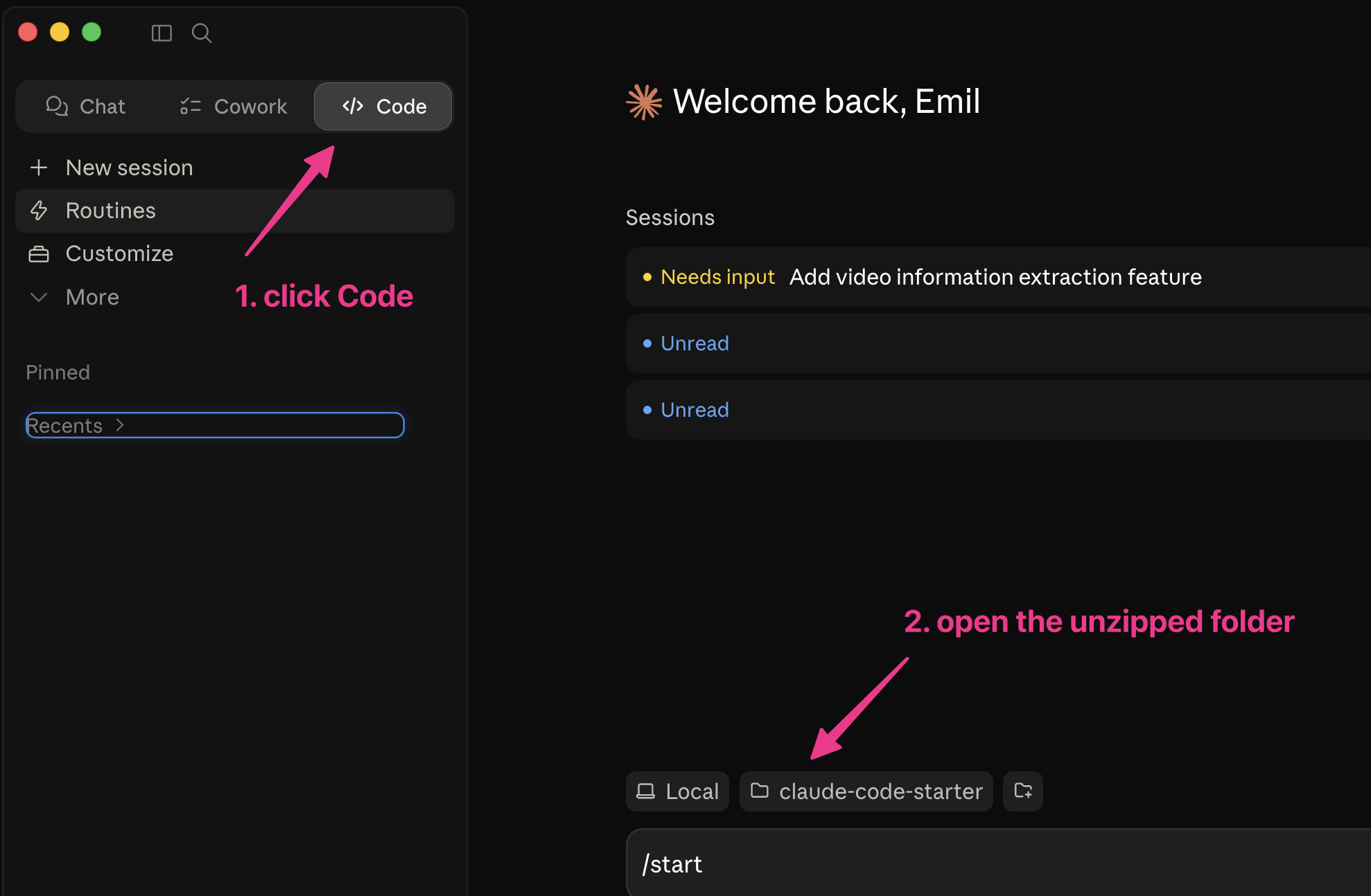 Click the Code tab at the top of Claude's sidebar, then open the claude-code-starter folder