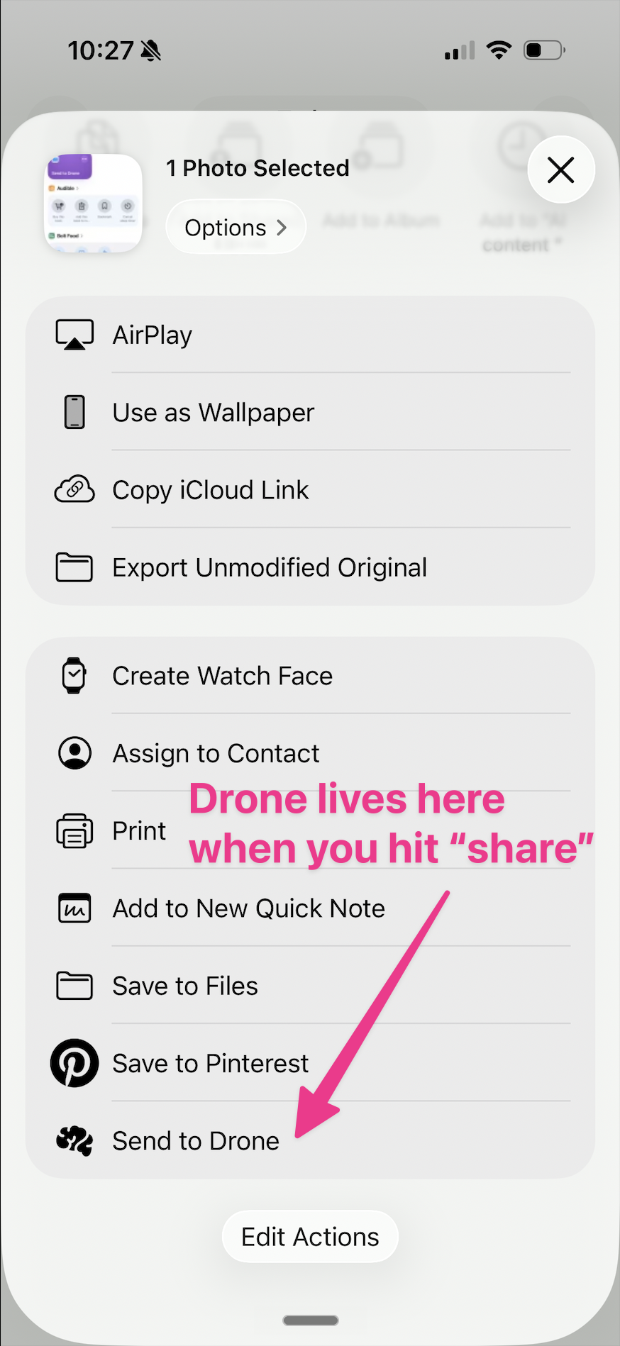 iOS share sheet showing standard share options (AirPlay, Save to Files, Save to Pinterest, etc.) with 'Send to Drone' visible near the bottom of the list. Pink arrow points at Send to Drone with the label 'Drone lives here when you hit share'.